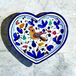 Pretty Hand Painted Ceramic Plate Trivet Trinket Tray Heart Shaped Bird Italy